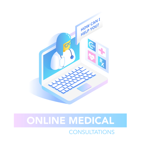 Online Healthcare Isometric Concept. Medical Consultation, Diagnostics Application on Computer. Modern Medical Technology with Doctor. Vector illustrationのイラスト素材