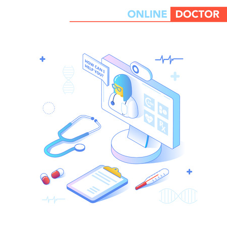 Online Healthcare Isometric Concept. Medical Consultation, Diagnostics Application on Computer, Tablet, Smartphone. Modern Medical Technology with Doctor. Vector illustrationのイラスト素材