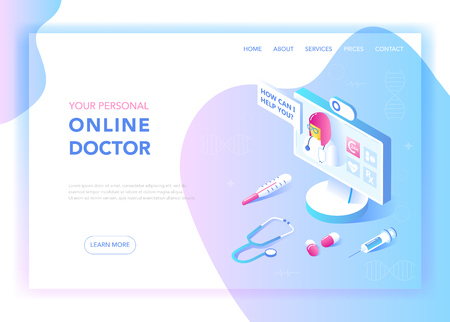 Online Medicine and Healthcare Flat Isometric Design Concept. Medical Services, Pharmacy Landing Page Template. Health Consultation Webpage Layout. Vector illustration