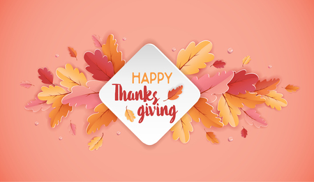 Happy Thanksgiving Holiday typography poster. Celebration text with Autumn leaves Background for postcard, template, cover, bannerのイラスト素材