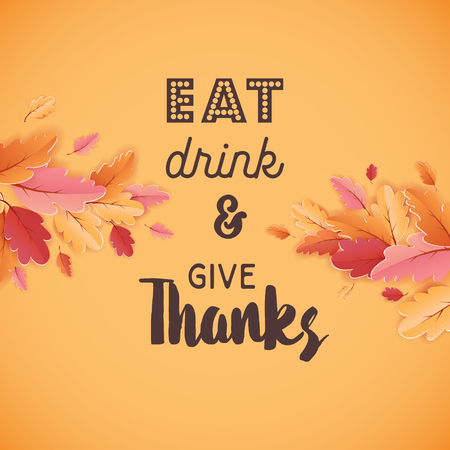 Happy Thanksgiving Holiday typography poster. Celebration text with Autumn leaves Background for postcard, template, cover, bannerのイラスト素材