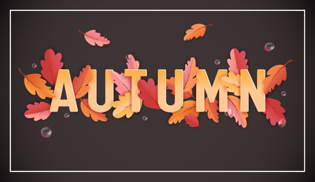 Autumn Background Template with Beautiful Leaves and Raindrops, Fall Illustration with Paper Art for Web Banner, Card Template, Wallpaper, Cover, Invitation in vectorのイラスト素材