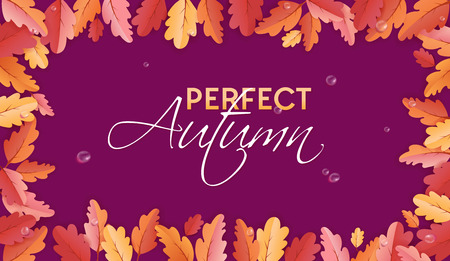Autumn Background Template with Beautiful Leaves and Raindrops, Fall Illustration with Paper Art for Web Banner, Card Template, Wallpaper, Cover, Invitation in vectorのイラスト素材