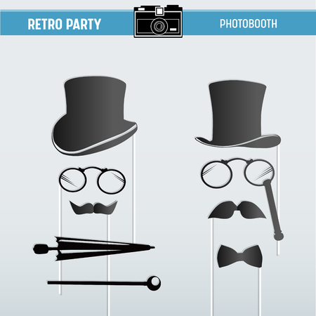 Retro party printable Glasses, Hats, Moustaches, Masks for photobooth props in vectorのイラスト素材