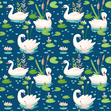 Beautiful Seamless Pattern with white Swans and Water Lillies, use for Baby Background, Textile Prints, Covers, Wallpaper, Posters. Vector Illustrationのイラスト素材