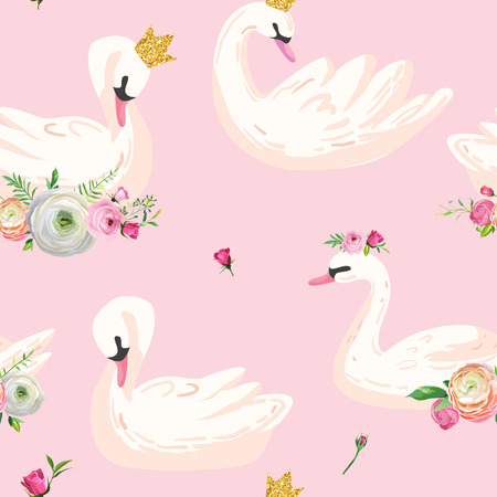 Beautiful Seamless Pattern with white Swans in crowns, use for Baby Background, Textile Prints, Covers, Wallpaper, Posters. Vector Illustrationのイラスト素材
