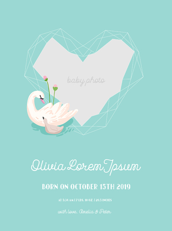Baby Arrival Announcement with Illustration of Beautiful Swan and Geometry photo frame, Greetings or Invitation Card, Geometric Floral Frame in vectorのイラスト素材