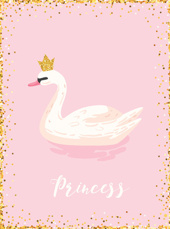 Illustration of Beautiful Swan with Golden Glitter Crown for Poster Print, Baby Greetings, Invitation, Children Store Flyer, Brochure, Book Cover in vectorのイラスト素材