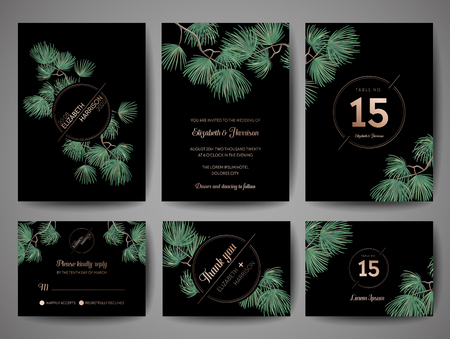 Wedding Monogram Pine Tree Invitation Card, Save the Date Template with Golden Foil Design, Vector Illustrationのイラスト素材