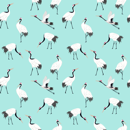 Seamless Pattern with Japanese Cranes, Retro Bird Background, Fashion Print, Birthday Japanese Decoration Set. Vector Illustrationのイラスト素材