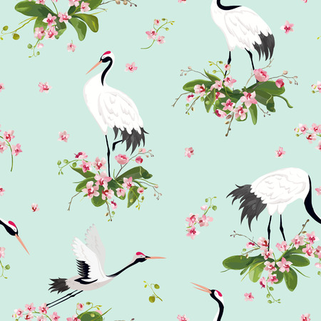 Seamless Pattern with Japanese Cranes and Tropical Orchid Flowers, Retro Bird Background, Floral Fashion Print, Birthday Japanese Decoration Set. Vector Illustrationのイラスト素材