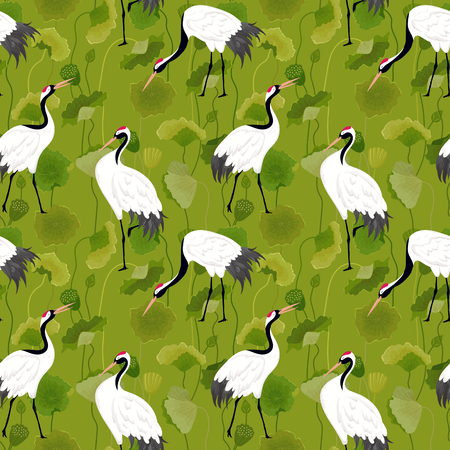 Seamless Pattern with Japanese Cranes, Retro Lotus Floral Background, Fashion Print, Birthday Bird Decoration Set. Vector Illustrationのイラスト素材
