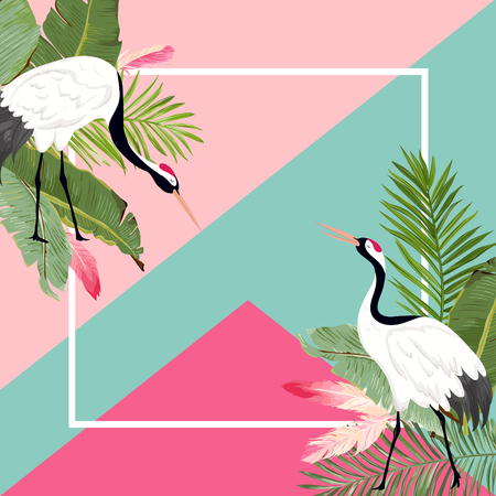 Crane Birds and Tropical Leaves Summer Banner, Graphic Background, Exotic Floral Invitation, Flyer or Card. Modern Front Page in Vectorのイラスト素材
