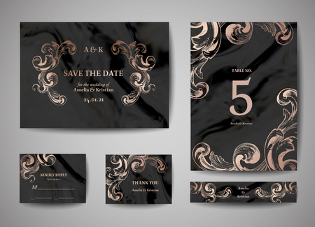 Luxury Vintage Wedding Save the Date, Invitation Cards Collection with Gold Foil Frame and Wreath. Vector trendy cover, graphic poster, retro brochure, design templateのイラスト素材