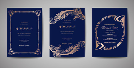 Set of Luxury Vintage Wedding Save the Date, Invitation Cards Collection with Gold Foil Frame and Wreath. Vector trendy cover, graphic poster, retro brochure, design templateのイラスト素材