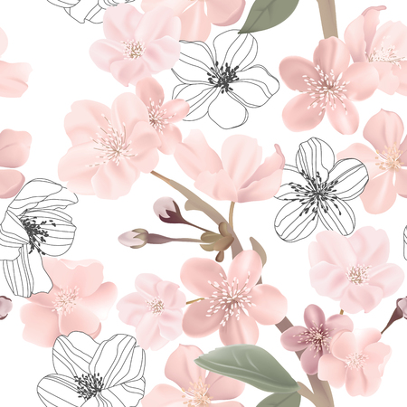 Floral retro seamless pattern, cherry or sakura flowers background, pastel vintage illustration in vectorのイラスト素材