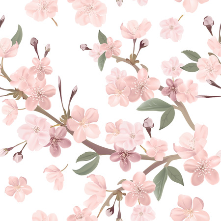 Floral retro seamless pattern, cherry or sakura flowers background, pastel vintage illustration in vectorのイラスト素材