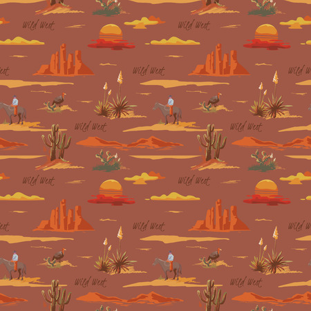 Vintage beautiful seamless desert illustration pattern. Landscape with cactuse, mountains, cowboy on horse, sunset vector hand drawn style backgroundのイラスト素材