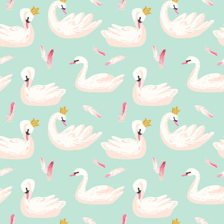 Beautiful Seamless Pattern with white Swans and pink Feathers, use for Baby Background, Textile Prints, Covers, Wallpaper, Posters. Vector Illustrationのイラスト素材