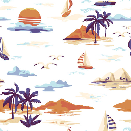Vintage Beautiful seamless island pattern on white background. Landscape with palm trees, yacht, beach and ocean vector hand drawn styleのイラスト素材