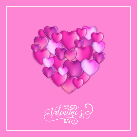 3d Colorful Hearts for Happy Valentines Day Hand Drawn Lettering design, Love card vector illustration, Wedding Party Flyer or Posterのイラスト素材