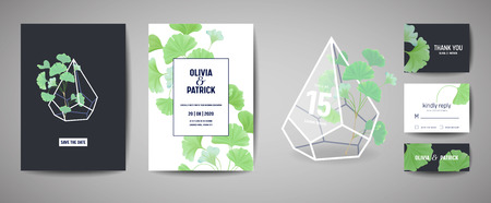 Set of Botanical retro wedding invitation card, modern Save the Date, template design of ginkgo biloba leaves illustration. Vector trendy cover, pastel graphic poster, brochureのイラスト素材