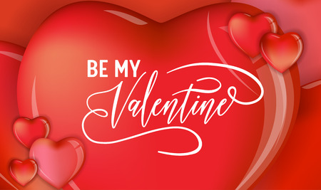 3d Colorful Hearts for Happy Valentines Day Hand Drawn Lettering design, Love card vector illustration, Wedding Party Flyer or Posterのイラスト素材