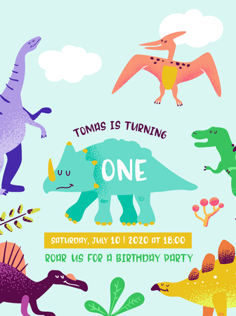 Happy Birthday card with fun dinosaur, Dino arrival announcement, greetings in Vector illustrationのイラスト素材