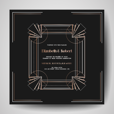 Art deco Wedding Invitation, Luxury Save the Date card with gold geometric frame. Vector trendy cover, graphic poster, gatsby 1920 brochure, design templateのイラスト素材