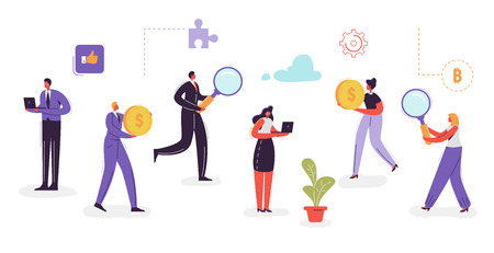 Business Characters Collection. Businessman with Laptop. Businesswoman with Money. Team Work and Leadership Concept. Office Workers Set. Vector illustrationのイラスト素材