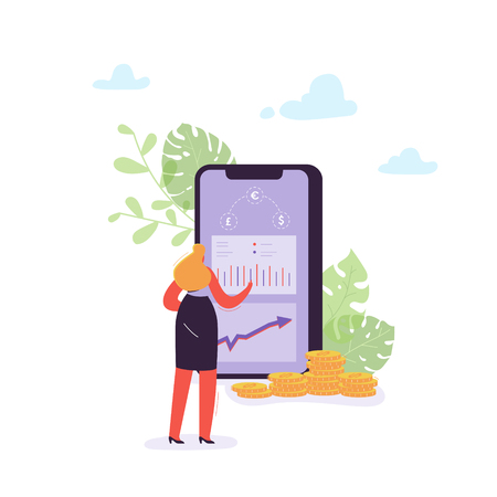Online Banking Concept with Woman Transferring Money Using Smartphone. Female Character Making Payment with Mobile Bank Application. Vector illustrationのイラスト素材
