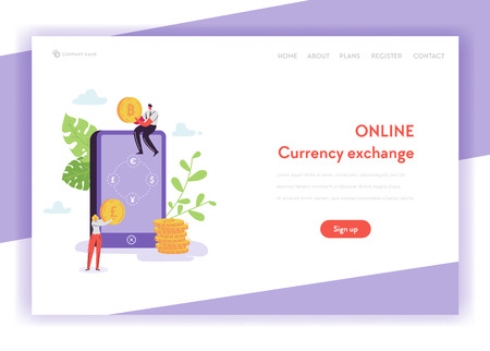 Mobile Currency Exchange Landing Page Template. Online Banking Concept with People Characters, Smartphone and Money for Web Page and Mobile Website. Vector illustrationのイラスト素材