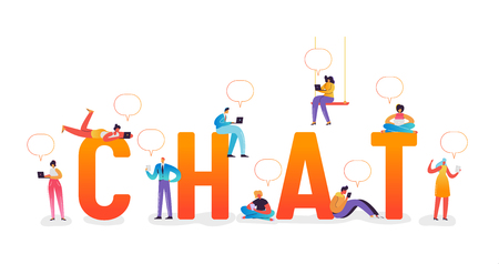 Social Media Chat Concept. Characters Chatting in Social Networks Using Laptop, Tablet and Smartphone. Man and Woman Communicating Online with Mobile Devices. Vector illustrationのイラスト素材