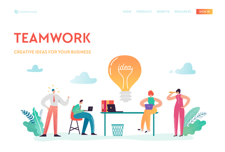 Teamwork, Business Solutions Landing Page Template. Business People Characters Team Working on Creative Project for Website or Web Page. Vector illustrationのイラスト素材