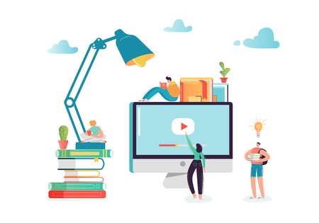 Online Education Concept with Students Characters Learning on Webinar. E-learning Technology, Internet Library, Graduation, Training Courses. Vector illustrationのイラスト素材