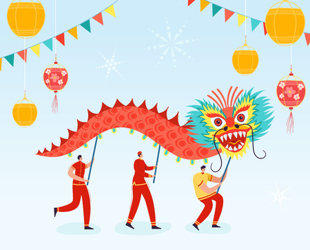 Chinese Lunar New Year People holding Dragon, Lion dance characters wearing china traditional costume on parade or carnival. Vector illustrationのイラスト素材