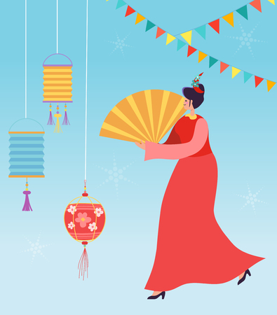 Chinese Woman celebrating Lunar New Year. Lion Dragon dance woman character wearing china traditional costume on parade or carnival. Vector illustrationのイラスト素材