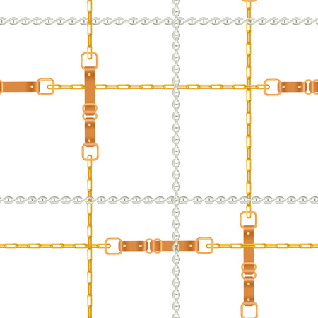 Fashion Seamless Pattern with Golden Chains and Straps. Chain, Braid and jewelry elements Background for Fabric Design, Textile, Wallpaper. Vector illustrationのイラスト素材