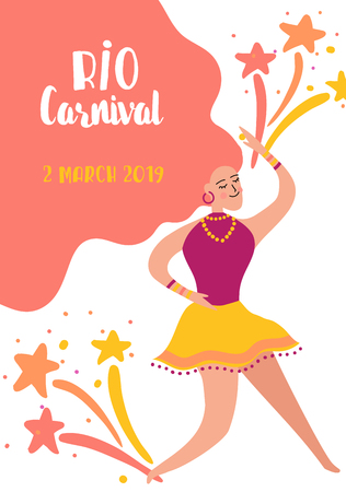Brazil Carnival Banner with Dancing Woman. Rio de Janeiro Traditional Festival with Girl Character in Festive Costume for Invitation, Poster, Card. Vector illustrationのイラスト素材