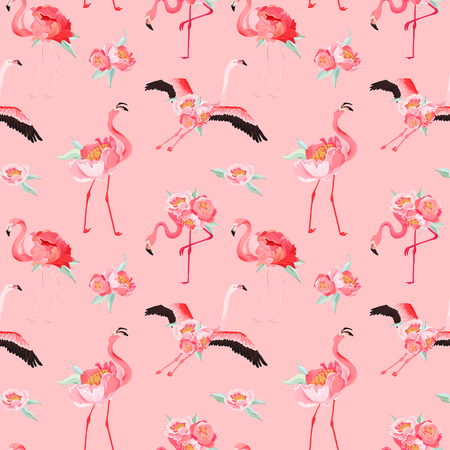 Tropical Flamingo seamless vector summer pattern with peony flowers. Floral and Bird background for wallpapers, web page, texture, textile, backdropのイラスト素材
