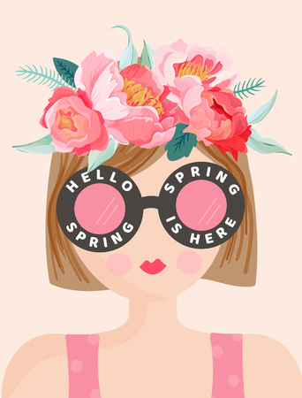 Hello Spring Romantic Banner with Cute Girls and Flowers. Floral Spring Design with Beautiful Woman in Trendy Eyeglasses for Poster, Flyer, Card. Vector illustrationのイラスト素材