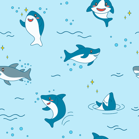Kawaii Shark Seamless Pattern. Cute Funny Sharks Nautical Background with Sea Creatures and Marine Life for Wallpaper, Decoration. Vector illustrationのイラスト素材