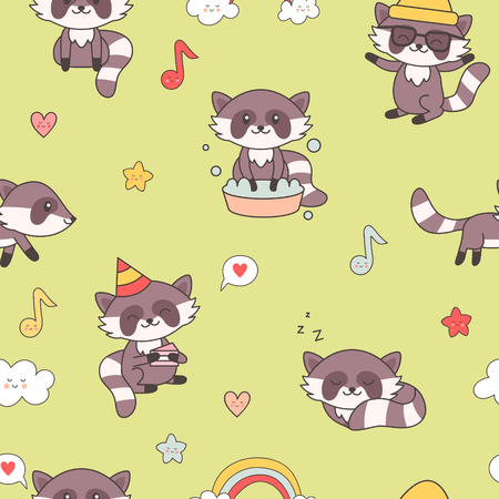 Kawaii Raccoon Seamless Pattern. Cute Animals Background for Nursery Kids Design, Wallpaper, Fabric. Raccoons Cartoon. Vector illustrationのイラスト素材