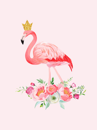 Illustration of Beautiful Flamingo with place for Baby Name for Poster Print, Baby Greetings, Invitation, Children Store Flyer, Brochure, Book Cover in vectorのイラスト素材