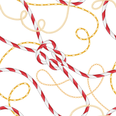 Nautical Style Seamless Pattern with Marine Rope Knots and Trendy Golden Chains. Fashion Fabric Design with Sea Elements for Wallpaper, Wrapping. Vector illustrationのイラスト素材