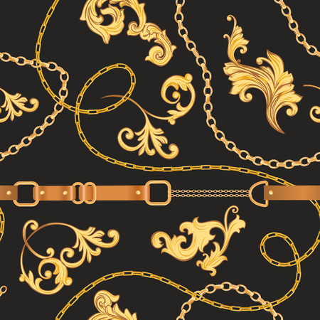 Fashion Fabric Seamless Pattern with Golden Chains, Belts and Straps. Luxury Baroque Background Fashion Design with Jewelry Elements for Textile, Wallpaper, Scarf. Vector illustrationのイラスト素材