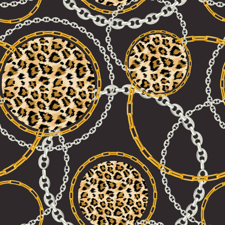 Luxury Fashion Fabric Seamless Pattern with Golden Chains and Leopard Skin Background. Wildlife Animal Fur and Gold Jewellry Wallpaper for Textile Design. Vector illustrationのイラスト素材