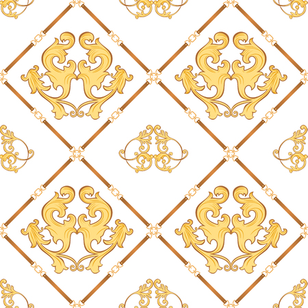 Fashion Fabric Seamless Pattern with Golden Chains, Belts and Straps. Luxury Baroque Background Fashion Design with Jewelry Elements for Textile, Wallpaper, Scarf. Vector illustrationのイラスト素材
