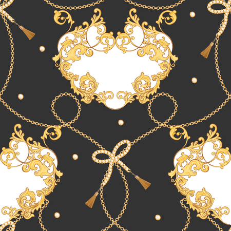 Fashion Fabric Seamless Pattern with Golden Chains. Luxury Baroque Background Fashion Design with Jewelry Elements for Textile, Wallpaper, Scarf. Vector illustrationのイラスト素材