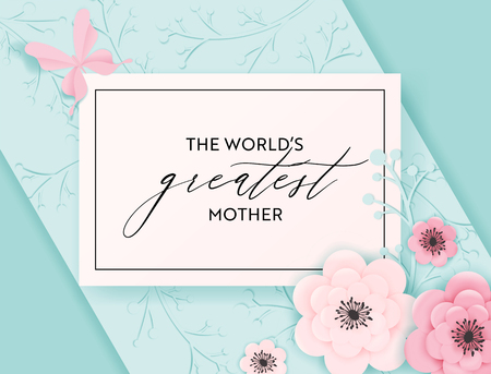 Happy Mothers Day Holiday Banner. Mother Day Greeting Card Hello Spring Paper Cut Design with Flowers and Butterfly Typography Postcard. Vector illustrationのイラスト素材